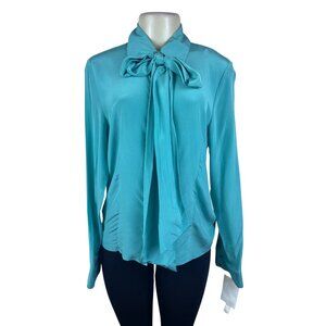 Jones Wear Essentials Women’s Teal Tie Neck Blouse Long Sleeve Size 6 - New